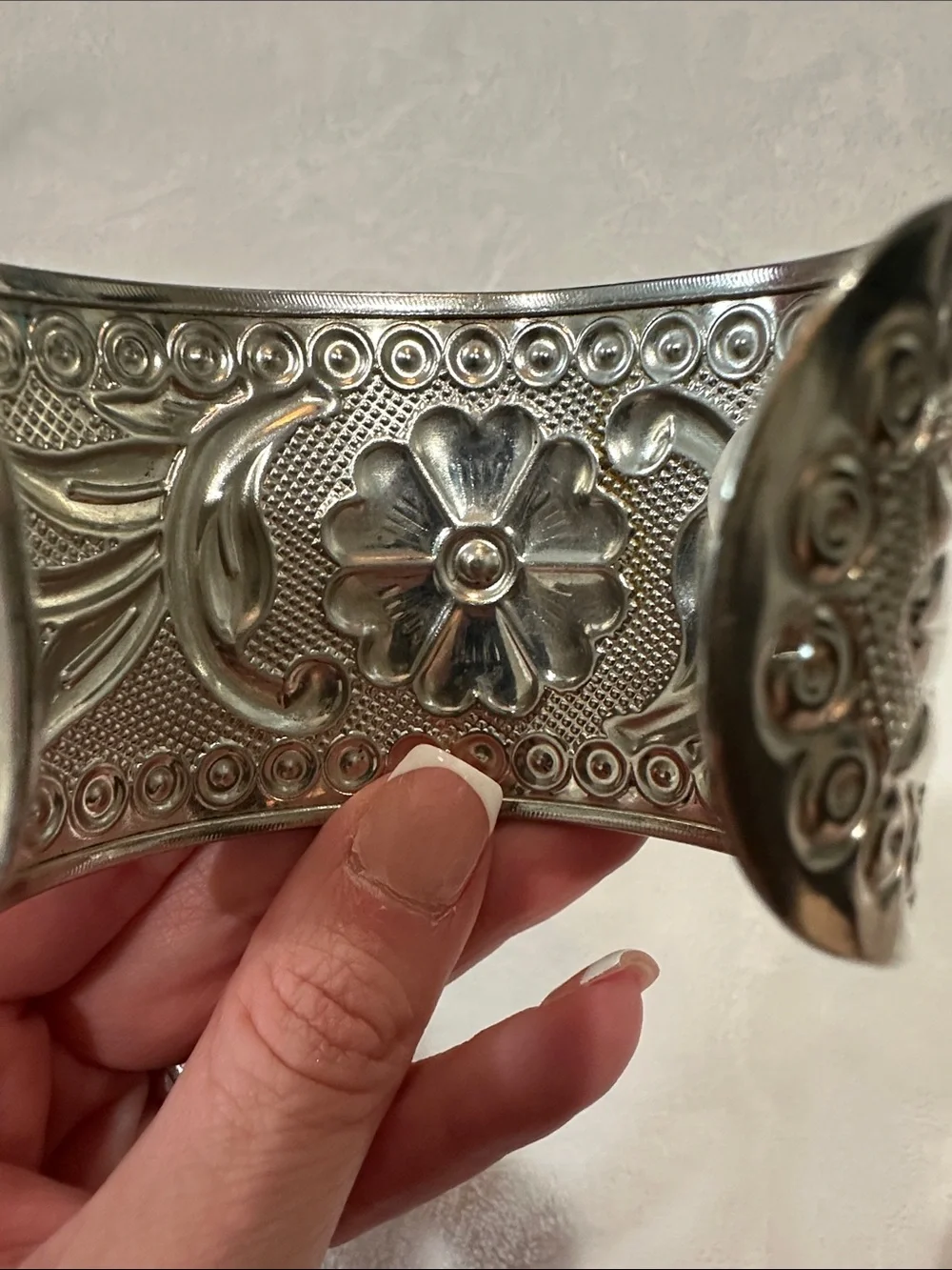 Silver Floral Embossed Cuff Bracelet